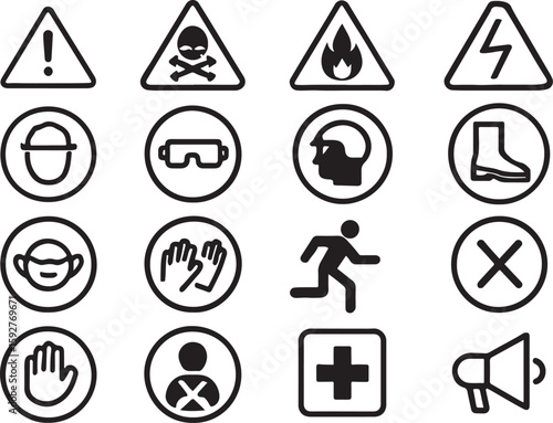 Safety warning symbols personal protective equipment and alerts icons