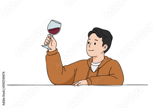 A man enjoys a first legal sip of red wine, smiling warmly.  Clean, modern illustration style.  Focus on the celebratory moment.