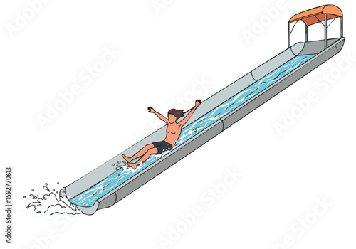 A young person enjoys a thrilling waterslide splash! Vibrant colors and dynamic action create a fun, energetic image perfect for summer themes.