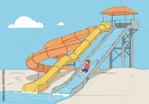 person joyfully slides down a vibrant water slide at a water park Bright colors and a playful scene evoke summer fun and excitement Perfect for summer leisure and entertainment visuals