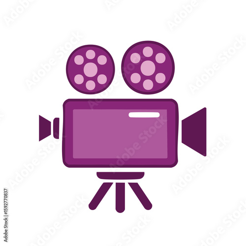 Purple Movie Camera Symbol, Film Equipment, Old Style Recorder for Cinema and Video, Vintage Tool on Stand