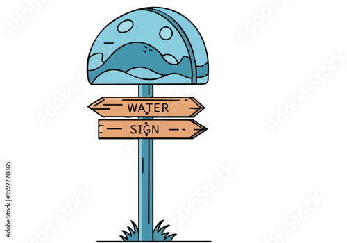 A playful signpost directs to a waterpark, featuring a mushroom-shaped sign and a welcoming message. Simple, graphic style, perfect for backgrounds and illustrations.