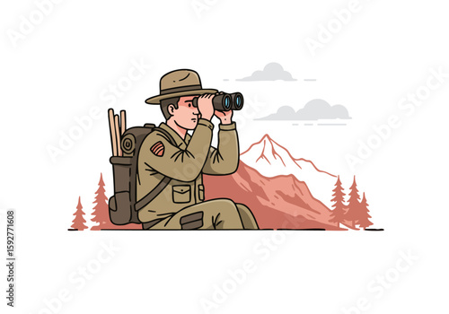 A scout observes mountains through binoculars, showcasing wilderness exploration. A vintage style illustration with a muted color palette.