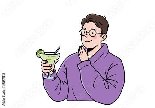 A stylish young man enjoys a refreshing margarita, radiating positive vibes. Relaxed, modern illustration with a vibrant color palette.