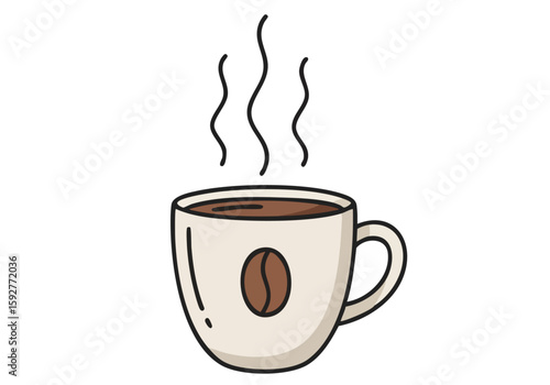 A stylized illustration of a steaming coffee cup with drive-thru signage. Warm tones and simple lines create a comforting and inviting visual. Perfect for coffee shops, cafes, and beverage brands.