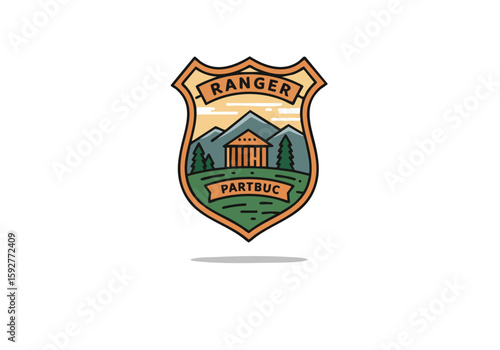 A stylized ranger duty emblem featuring a mountain landscape and 'Partbuc' text. Clean, modern design with a conservation theme. Ideal for branding and nature-related projects.