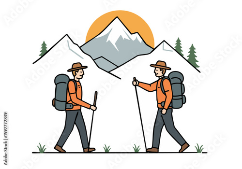 Two trail guides hike together silhouetted against majestic mountains and rising sun A charming illustration symbolizing teamwork and outdoor adventure Perfect for travel tourism and nature themes