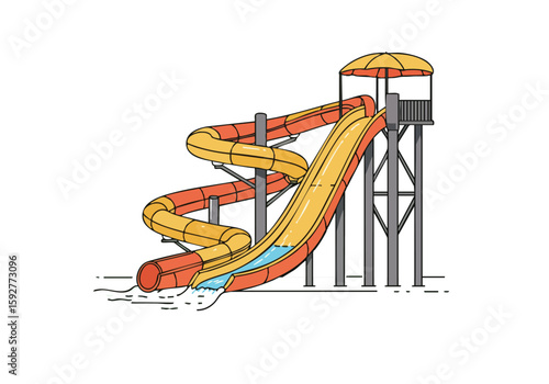 A vibrant illustration of a twisty water slide at a water park. Bold colors and a playful design create a thrilling visual. Perfect for summer, fun, and leisure themes.