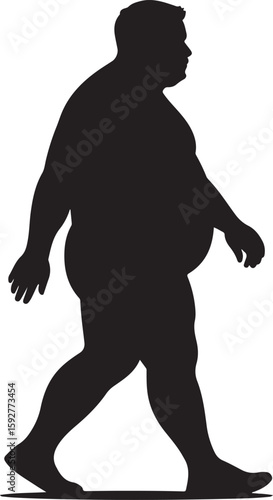 Overweight or Obese fat man walking in silhouette vector illustration art on white background