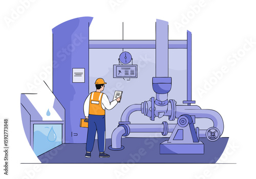 worker examines water quality with a meter in a utility room The image showcases a professional inspection highlighting industrial equipment and a clear modern setting 