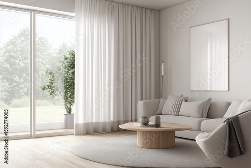 Sala de estar contemporânea com janelas amplas, cortinas translúcidas e decoração escandinava em tons claros, iluminada por luz natural suave, IA generativa