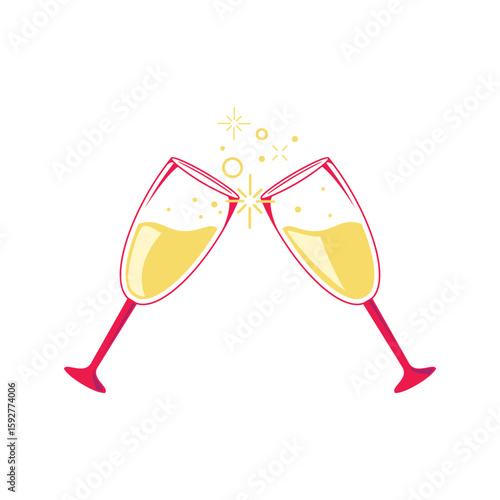 Toasting two champagne flutes for celebration design, perfect for event announcements or party themed decorations with elegant touch.