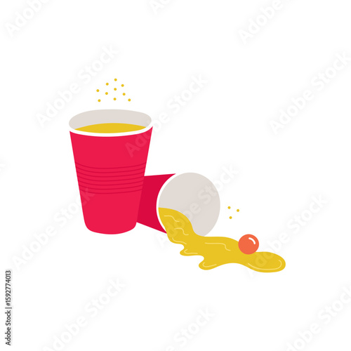 A fun graphic design featuring spilled beer from red plastic cups with a ping pong ball, perfect for party invitations or promotional material.