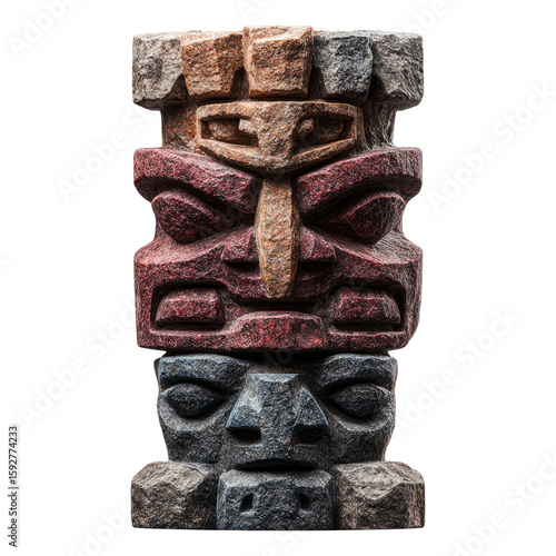 Colorful Tiki Masks Stacked Vertically on Transparent Background