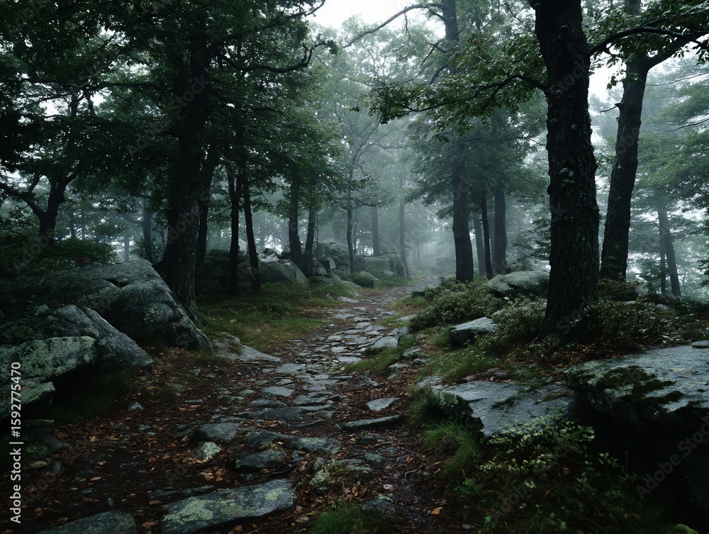 Obraz premium Misty forest path through rocks