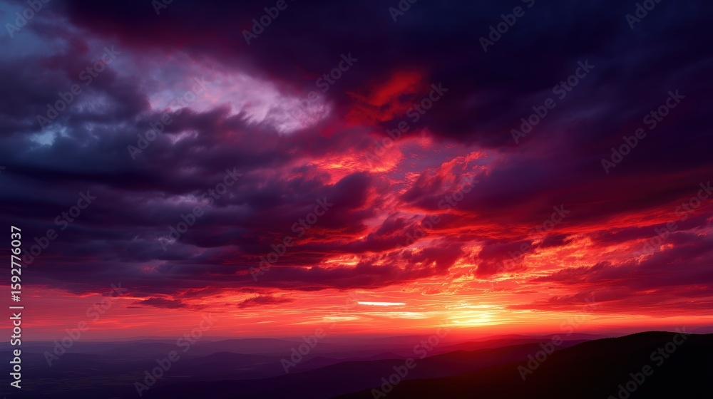 Fototapeta premium Dramatic Sunset Sky with Fiery Red and Purple Clouds Illuminating Twilight Horizon in Landscape View