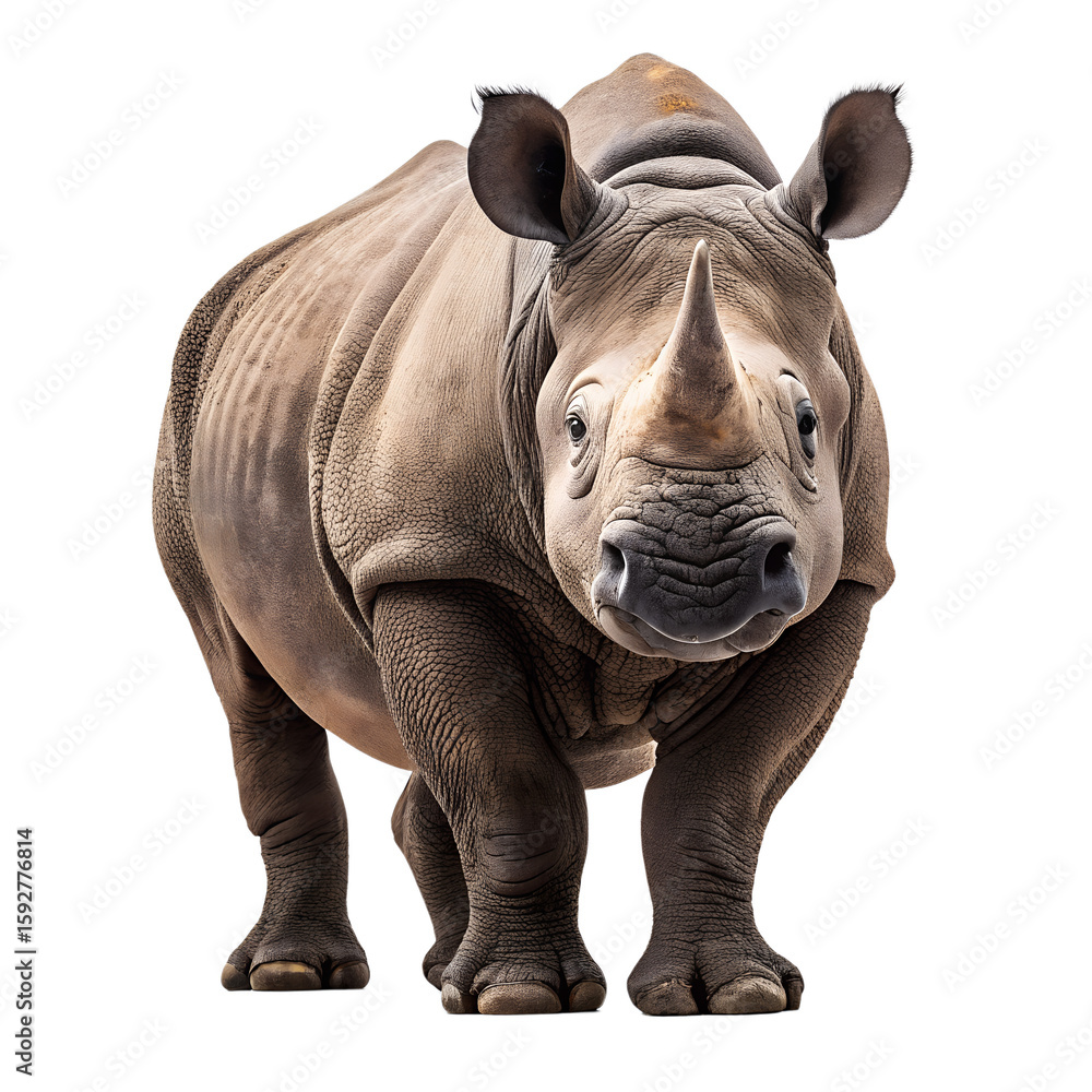 Fototapeta premium A close-up of a rhinoceros standing against a black background. The rhino has a robust body, a prominent horn, and a textured skin surface.