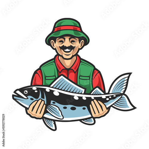 Fisherman with a freshly caught trout, ideal for sporting goods branding, fishing themed posters, and outdoor recreational promotional content.
