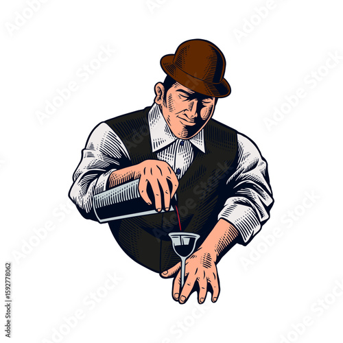 Classic bartender prepares a cocktail, expertly pouring the drink into a glass, perfect for bar logos, menus, or branding designs related to mixology.