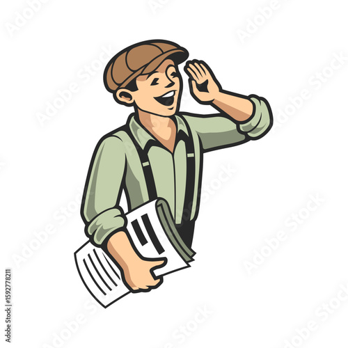 Newspaper boy shouts while holding papers, this scalable design is perfect for icons or classic editorial style graphics.