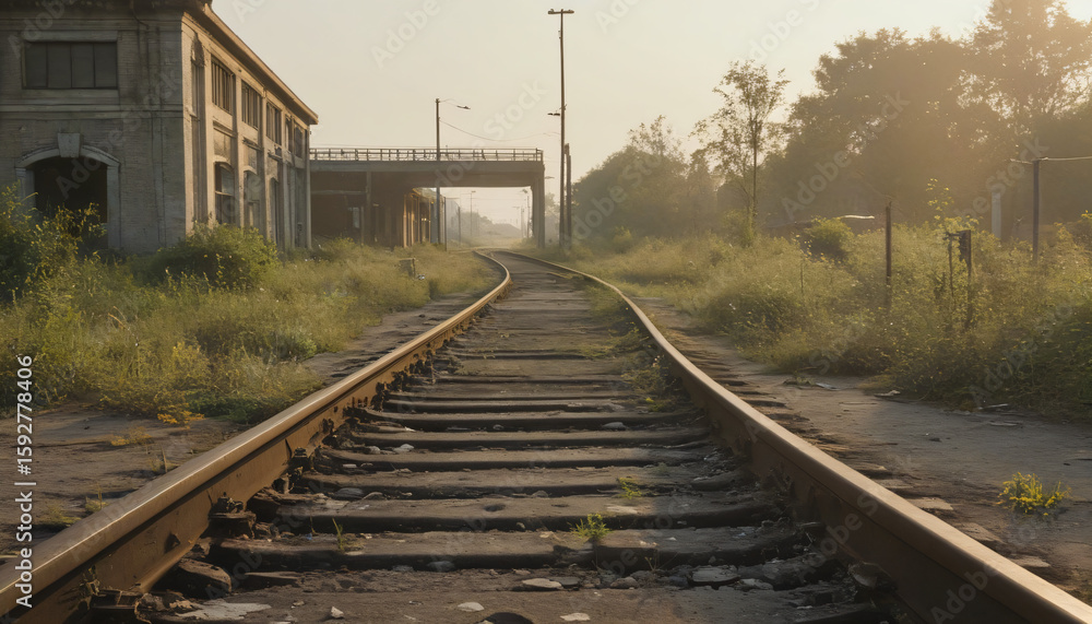 Fototapeta premium Rural railway tracks at sunrise with overgrown platform and power lines