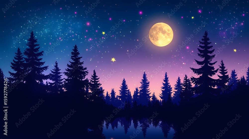 Naklejka premium Magical Night Forest Full Moon Starscape