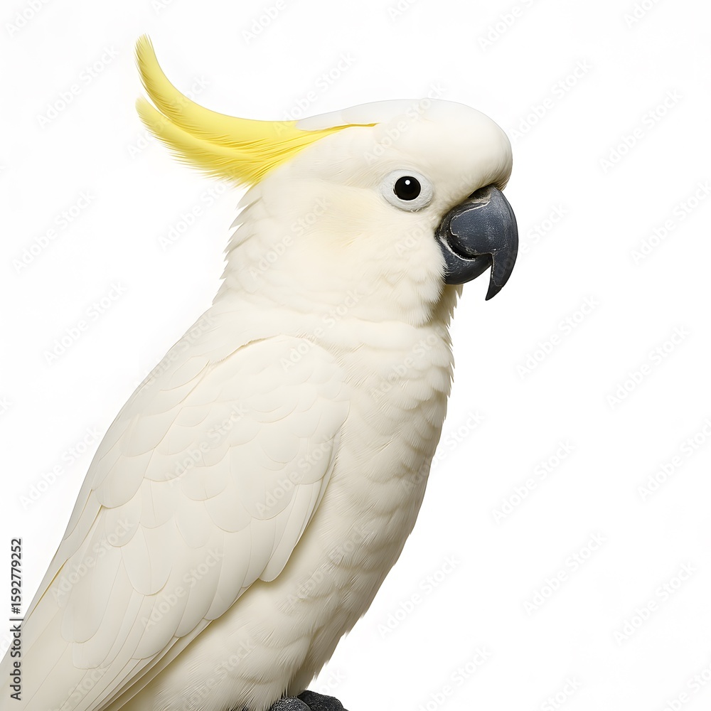 Majestic Sulphur-crested Cockatoo Perched Profile View Against a Plain White Background Majestic Sulphur-crested Cockatoo Perched Profile View Against a Plain White Background