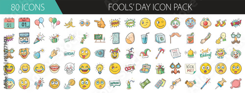 80 Funny April Fools’ Day Icons for Pranks - Collection of 80 playful vector icons themed around April Fools’ Day, featuring jokes, emojis, tricks, laughter, and silly props.