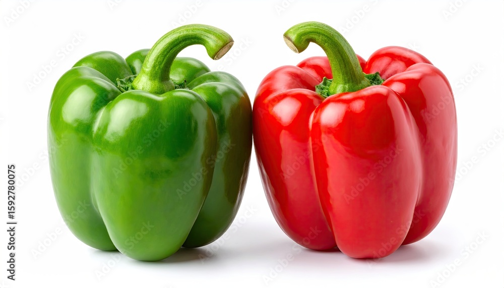 Two vibrant bell peppers, one green and one red, isolated against a white background Two vibrant bell peppers, one green and one red, isolated against a white background