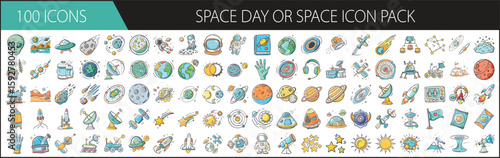 100 Colorful Space Day Icons for Science Projects - Set of 100 vibrant vector icons celebrating Space Day, featuring rockets, planets, astronauts, satellites, telescopes, and space exploration themes.