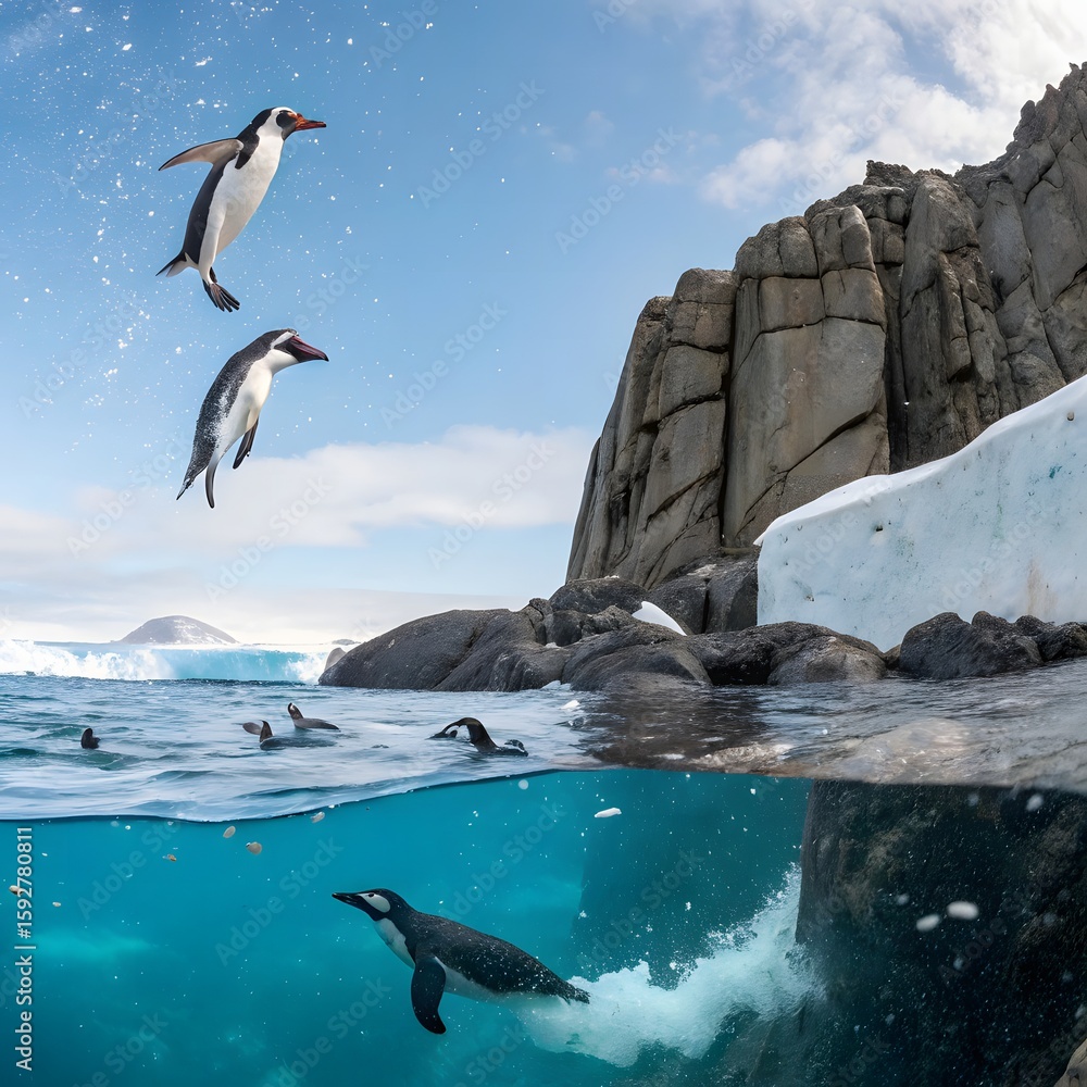 Obraz premium Adelie Penguin, pygoscelis adeliae, Group Leaping into Ocean, Paulet Island in Antarctica