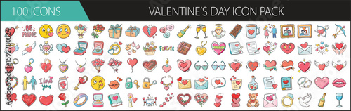 100 Romantic Valentine’s Day Icons for Designers - Set of 100 colorful Valentine’s Day icons featuring hearts, gifts, love letters, couples, and romantic symbols for creative projects.