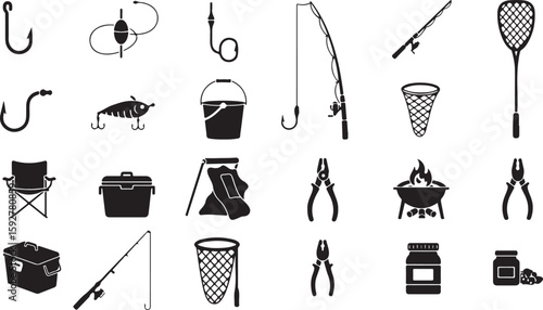 Fishing equipment and accessories icons fishing hook