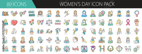 80 Empowering Women's Day Icons for Awareness - Collection of 80 vector icons celebrating International Women’s Day, including symbols of equality, empowerment, feminism, and female diversity.