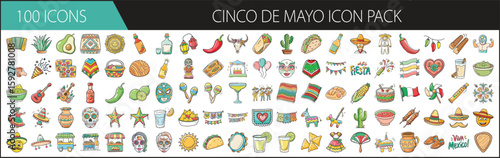 100 Festive Cinco de Mayo Vector Icons - Vibrant collection of 100 Cinco de Mayo icons including food, drinks, sombreros, maracas, and Mexican cultural elements for design use.