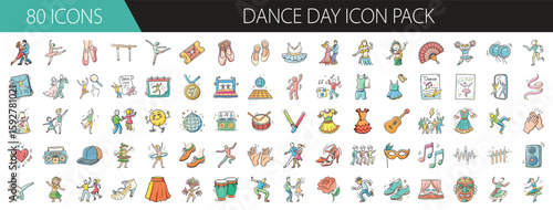 80 Colorful Dance Day Icons for Celebrations - Set of 80 vector icons themed around Dance Day, showcasing dancers, music, instruments, and festive movement in colorful style.