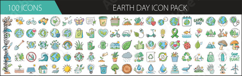 100 Eco-Friendly Earth Day Vector Icons - Collection of 100 Earth Day icons featuring eco themes like recycling, nature, sustainability, energy, and environmental protection.