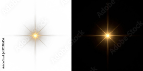 Two glowing stars with glitter and glare, one on a white and one on a black background. Perfect for highlights, special effects and magical, celestial designs. PNG