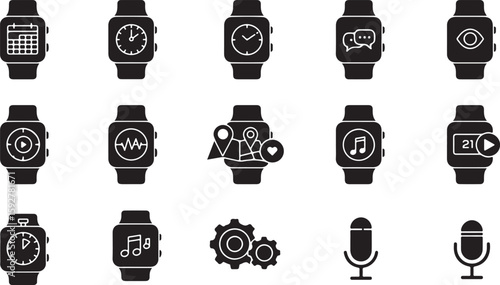 Smartwatch icons calendar clock messages eye play heart music gears microphone