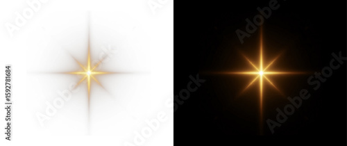 PNG Flash of golden star light on black background. Glow Star light sparkle glow. Vector glow effect. Abstract lens glare. Flashing lights. Transparent PNG.	