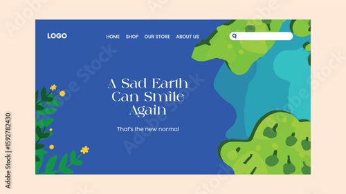 Sustainability-themed landing page template with Earth and foliage illustration. Great for eco websites, environmental campaigns, green lifestyle brands, and plastic-free living awareness.