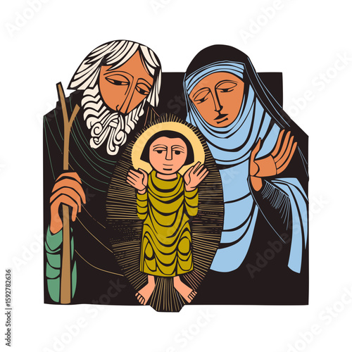 Depicting the nativity scene with Joseph, Mary, and baby Jesus, offering a religious icon suitable for print or digital greeting cards.