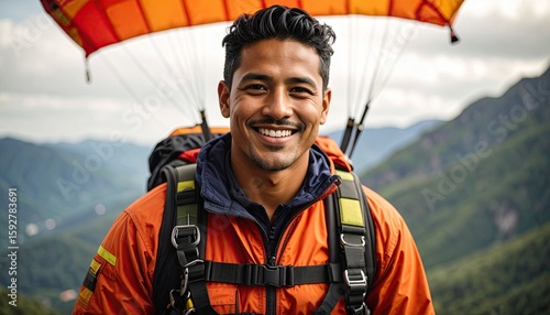 Smiling man with a paraglider, mountain backdrop