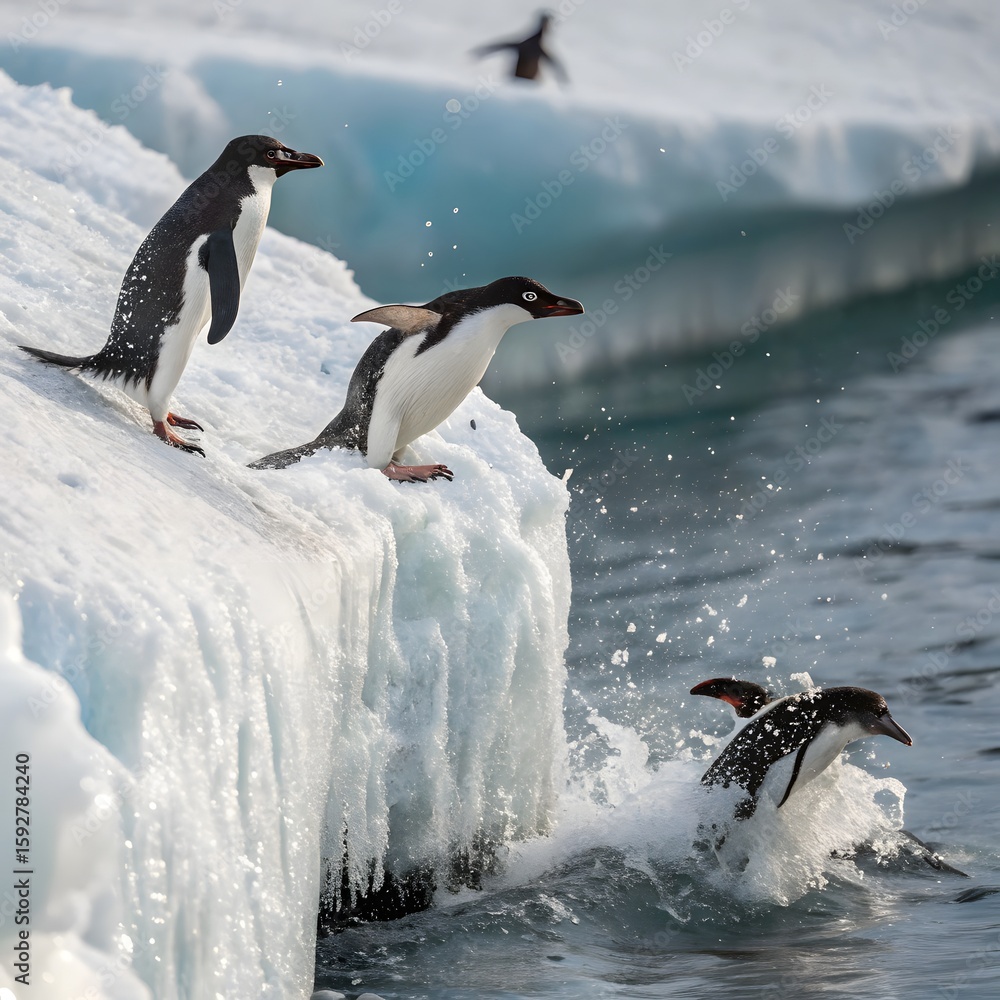 Fototapeta premium Adelie Penguin, pygoscelis adeliae, Group Leaping into Ocean, Paulet Island in Antarctica