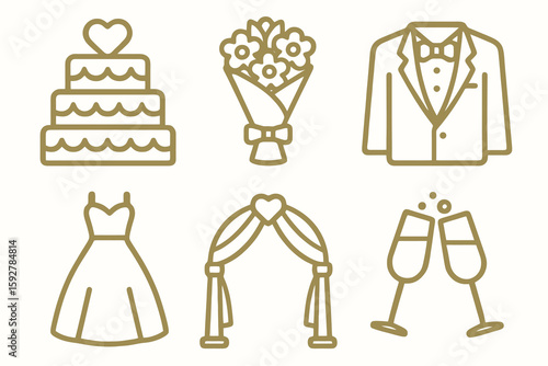 Elegant wedding vector icons: champagne glasses, cake, bouquet, altar, dress, tux. Great for apps, planners, and romantic websites.