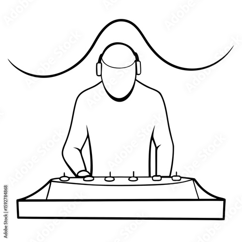 DJ performing with sound wave above in minimalist line art style  