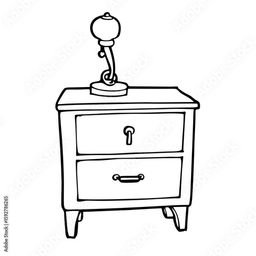 Wooden nightstand with lamp and two drawers in line art style  