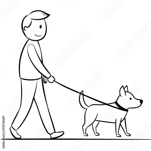Man walking dog on leash in simple line art style  
