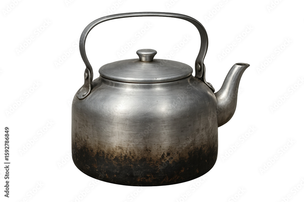 Old Aluminum Kettle Showing Signs of Wear and Tear on Transparent Background Old Aluminum Kettle Showing Signs of Wear and Tear on Transparent Background