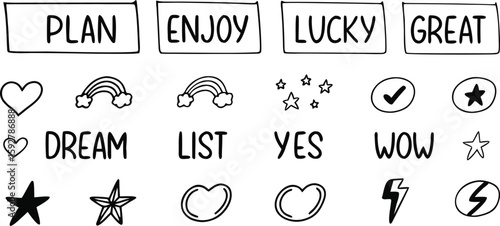 Whimsical planner elements in a line: A collection of hand-drawn planner stickers in a minimalist style, designed to inspire, motivate and add a touch of creative flair to everyday tasks and goals.